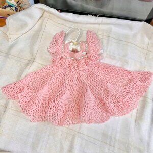 Baby Girl Pink Vintage Crochet Dress, Handmade Infant Dress, Baby Clothing